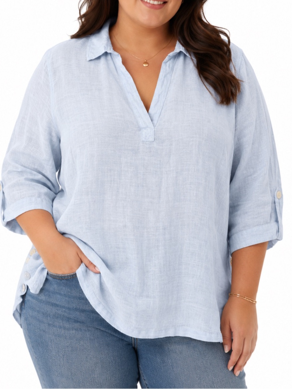 Tahari 100% Linen Popover Shirt 3/4 Sleeve Laggen Look Classic Minimal Womens 1X